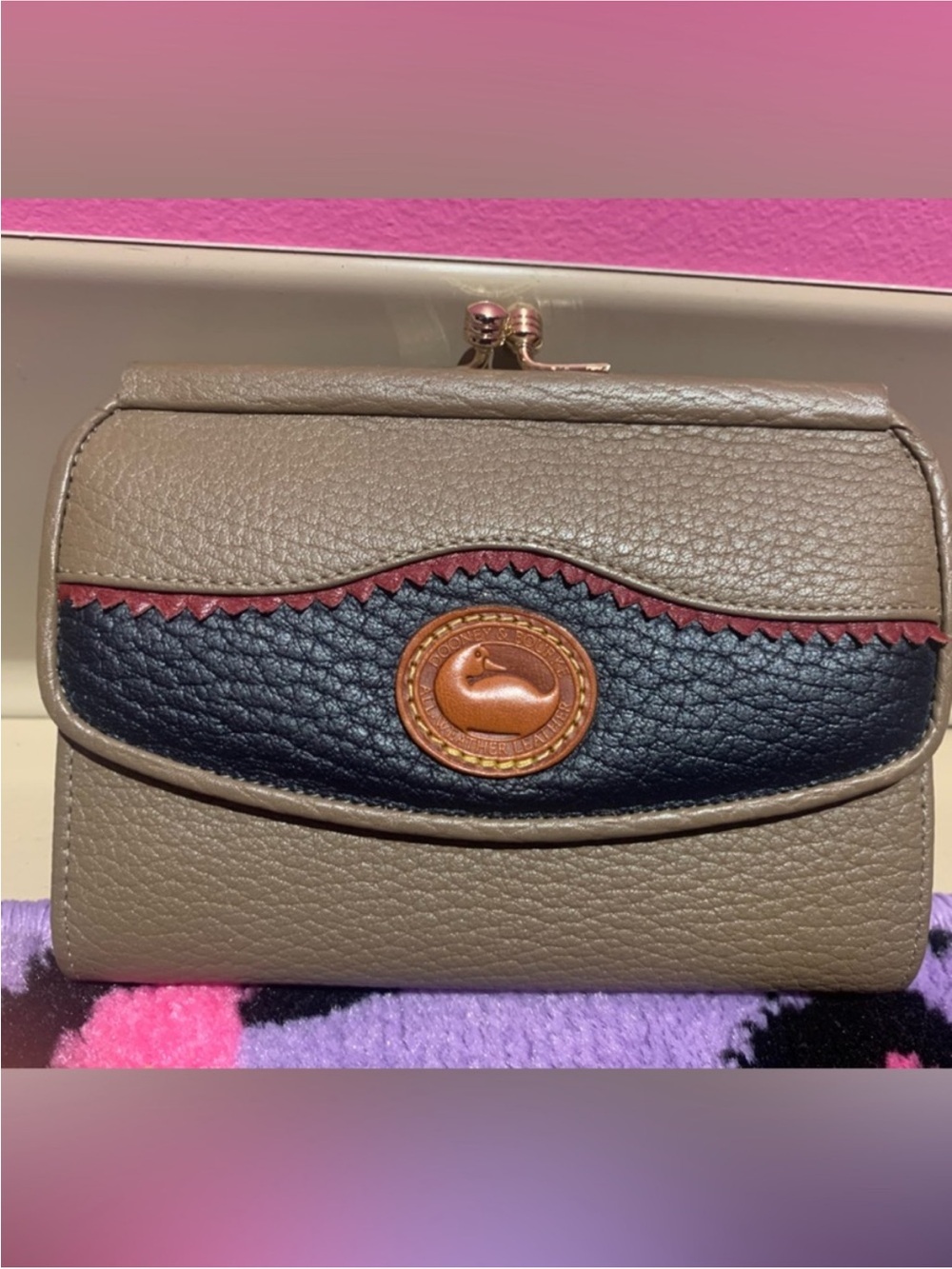 Dooney & Bourke Teton Taupe Leather Wallet with Black Panel & Kisslock